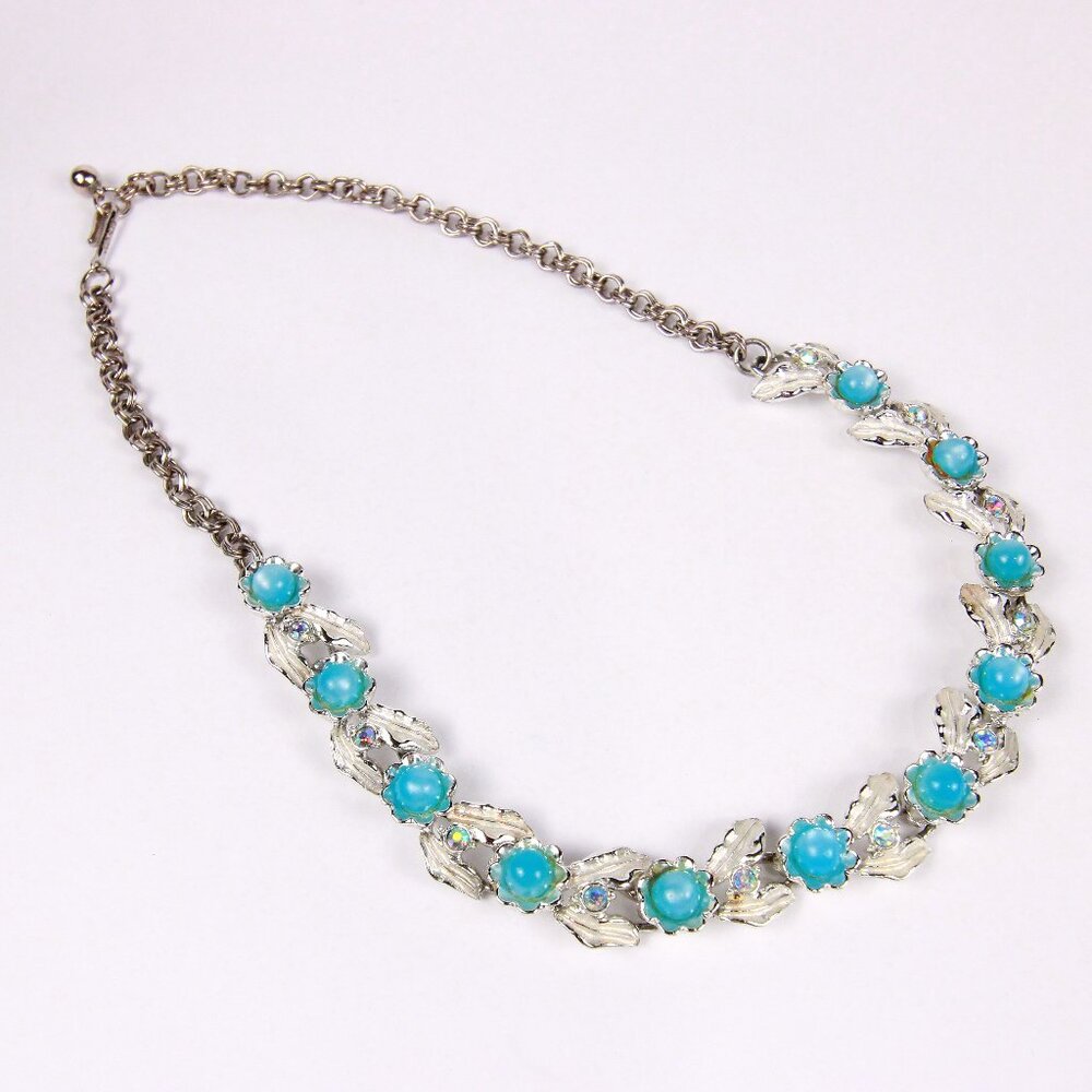 Vintage Midcentury Judy Lee Blue Moonglow and Rhinestone Choker